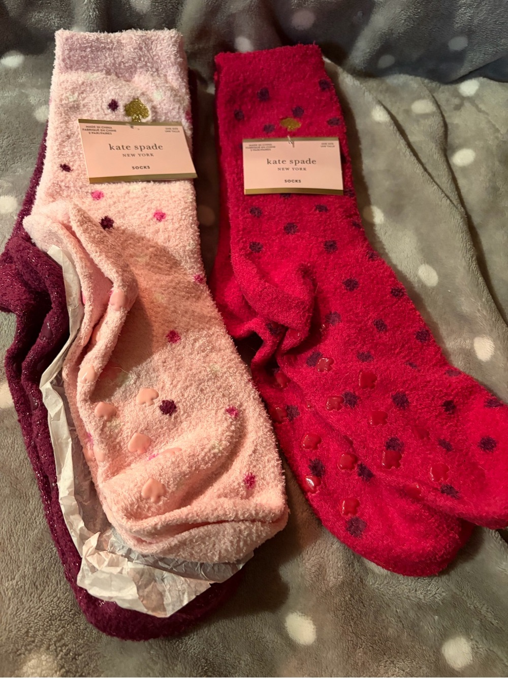 kate spade New York Girls' Cozy Pink & Red Fuzzy Socks (3 Pack )